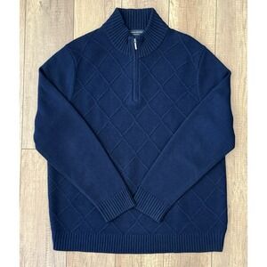 Brooks Brothers Merino Wool Diamond Cable Knit 1/4 Zip Sweater Size XL Blue EUC